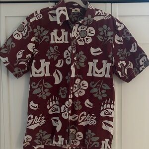 University of Montana Men's Maroon and Gray Hawaiian Patterned Shirt